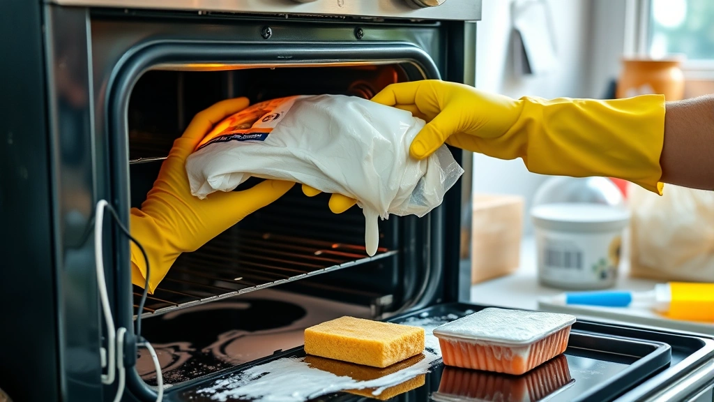how to clean oven -
photorealistic hands wearing yellow rubber gloves applying thick baking soda pa