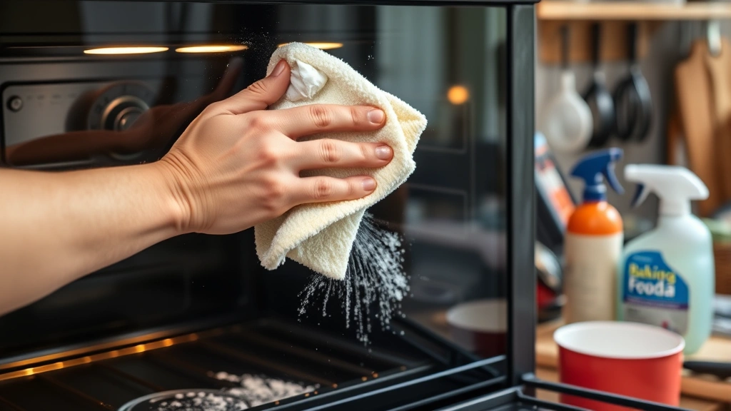 how to clean oven glass -
Photorealistic hands working on oven glass with a soft cloth and baking soda pa