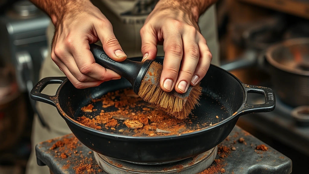 how to clean rusty cast iron -
Photorealistic hands working on a cast iron pan with a wire brush, removing rus