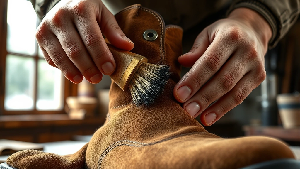 how to clean suede boots -
Photorealistic hands using a brass suede brush on a brown suede boot, workshop 