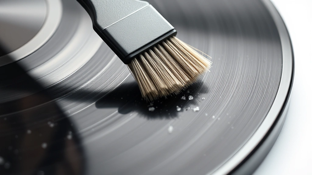 how to clean vinyl records -
Photorealistic close-up macro photography of vinyl record grooves being cleaned