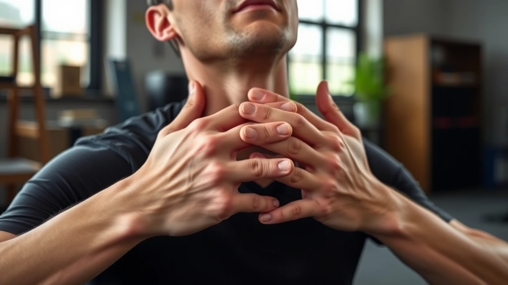 how to get a better jawline -
Photorealistic close-up of hands performing chin tuck exercise, workshop settin