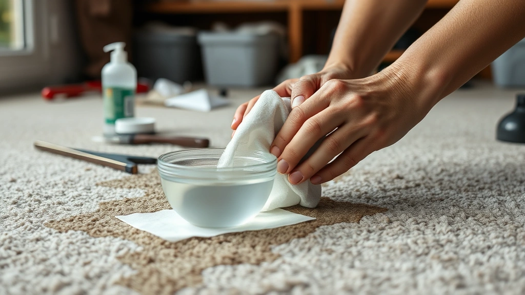 how to get nail polish out of carpet -
Photorealistic hands working on carpet stain with white cloth and small bowl of