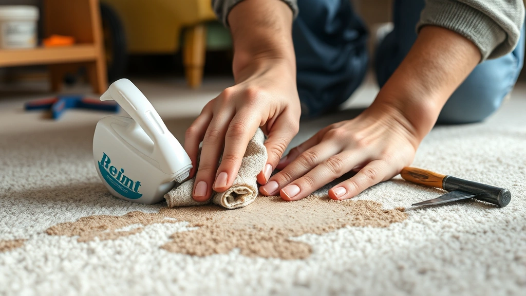 how to get paint out of carpet -
Photorealistic hands working on carpet paint removal using a cloth and solvent,