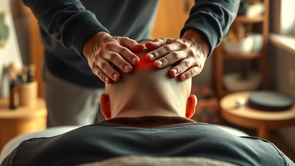 how to get rid of a headache in 2 minutes -
photorealistic hands performing pressure point massage on neck base, workshop s