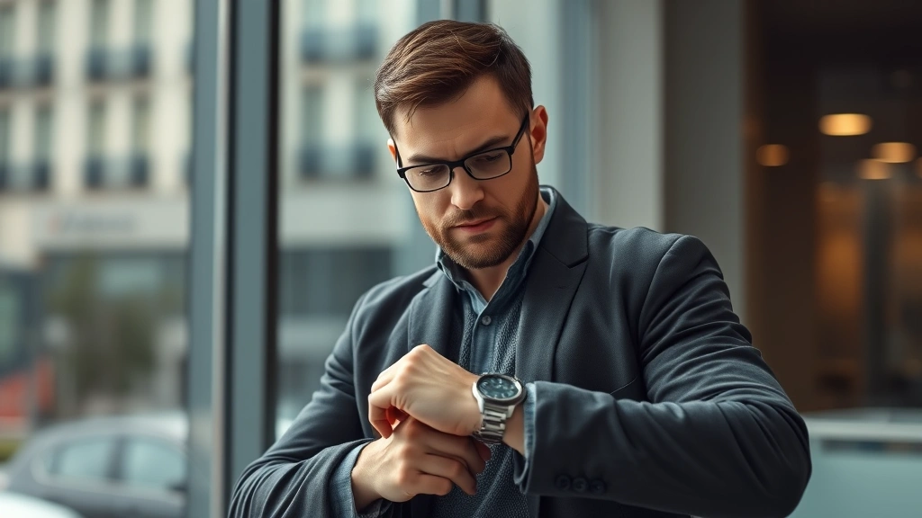 how to make cologne last longer -
Photorealistic image of a man checking his watch while looking confident