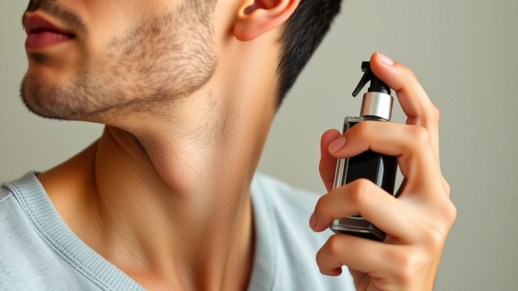 how to put on cologne - A well-groomed man in his 30s applying cologne to his neck with a spray bottle
