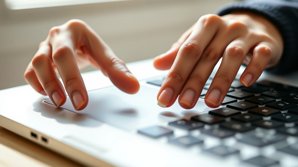 how to right click on laptop - Close-up of hands performing two-finger tap on silver laptop trackpad, fingers p
