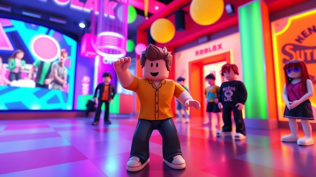 how to see someone's emotes on roblox - A player character in Roblox performing a dance emote in a colorful game environ