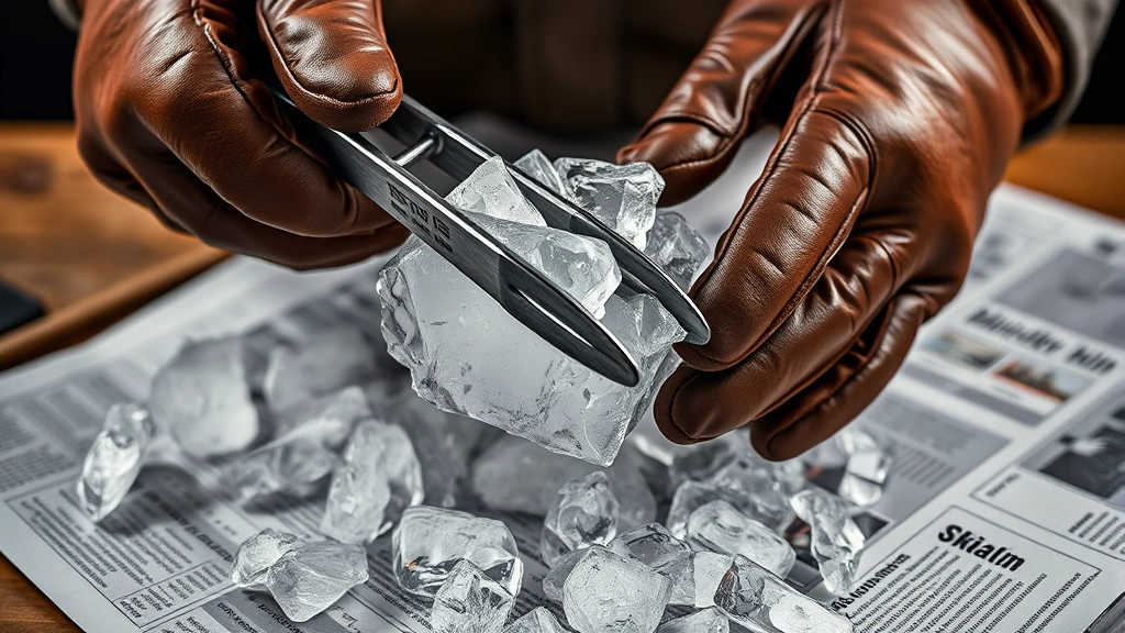 how to store dry ice -
Close-up photorealistic image of insulated leather gloves holding metal tongs c