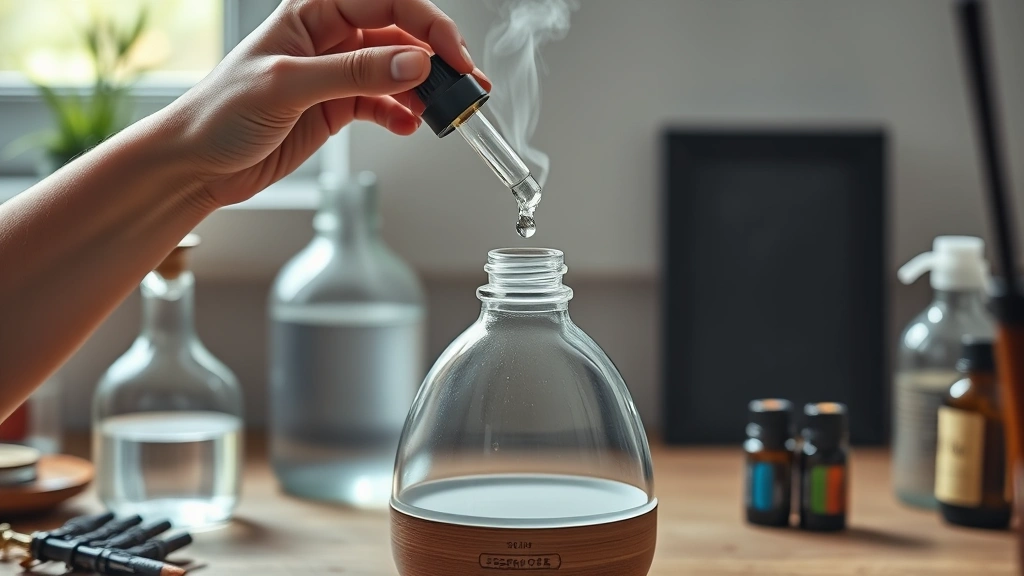 how to use a diffuser -
photorealistic hands adding essential oil drops to diffuser tank with glass dro