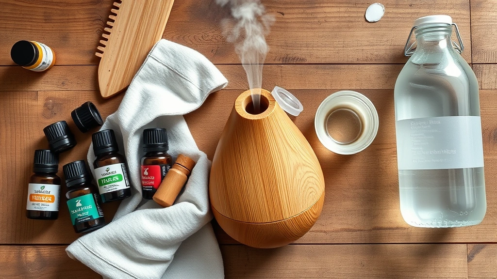how to use a diffuser -
Photorealistic flat-lay of essential oil bottles, a diffuser being cleaned with