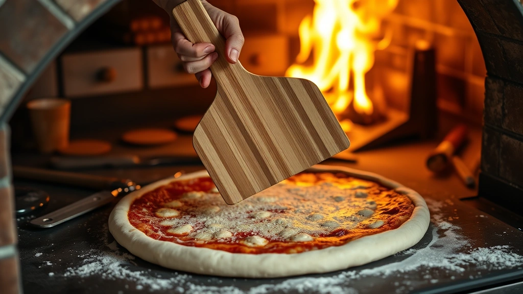 how to use a pizza stone -
photorealistic hands working, person using wooden pizza peel to transfer pizza 