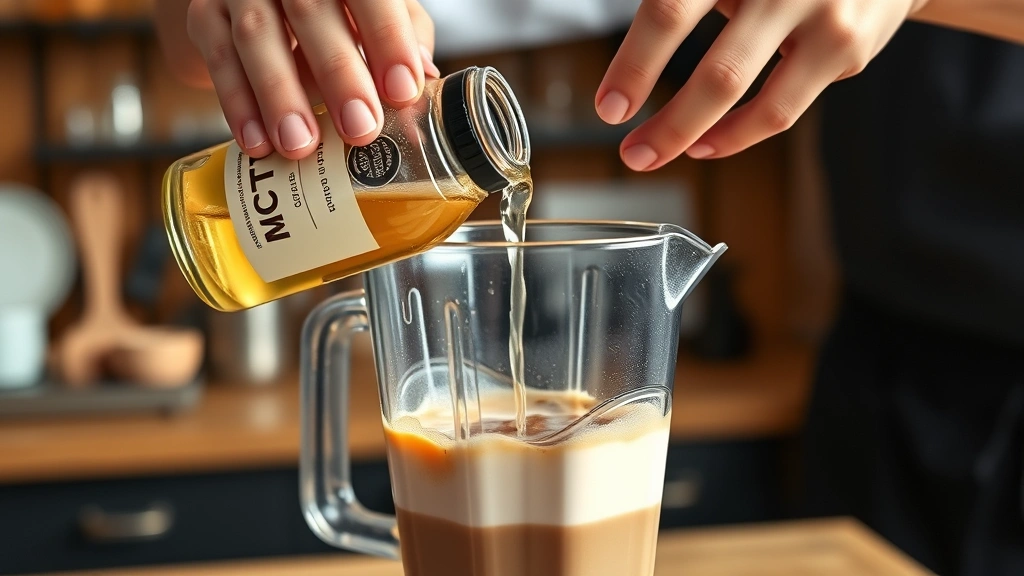 how to use mct oil for weight loss -
Photorealistic hands pouring clear MCT oil from a glass bottle into a blender c