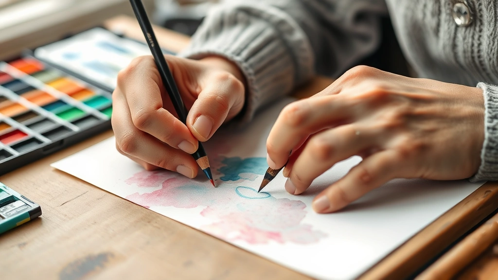 how to use watercolor pencils -
Photorealistic hands of artist actively painting with watercolor pencils and we