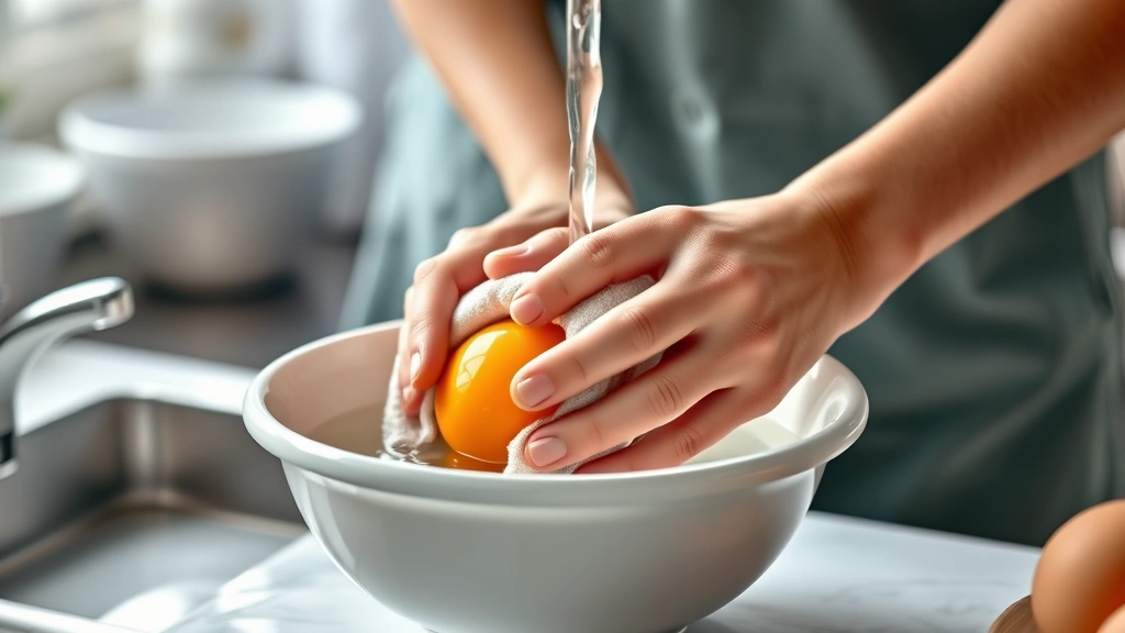 how to wash eggs -
Photorealistic hands gently scrubbing an egg with a soft microfiber cloth under