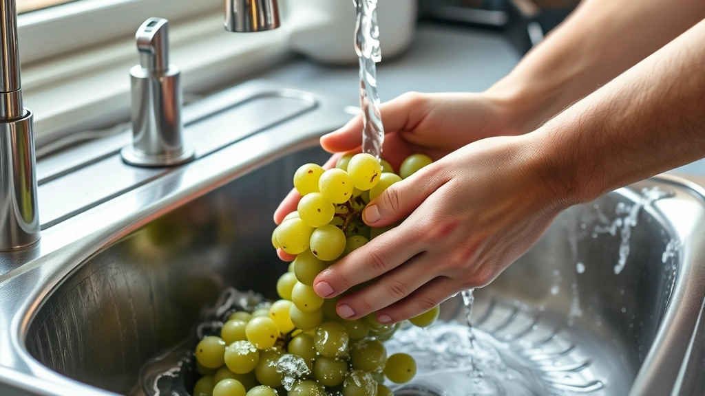how to wash grapes -
Photorealistic hands gently rubbing fresh grapes under cool running water in a