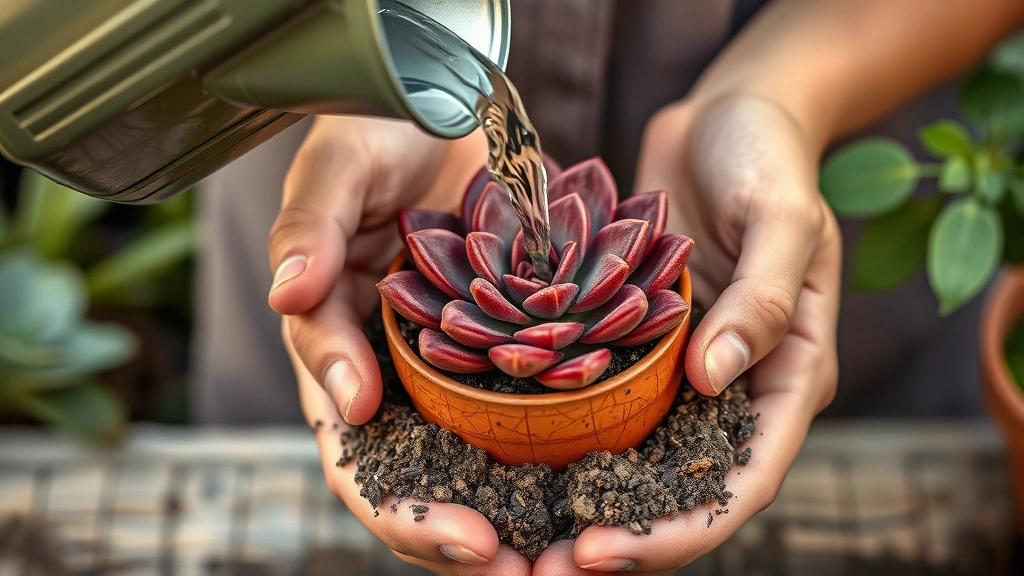 how to water succulents -
Photorealistic close-up of hands holding a succulent pot with water being poure