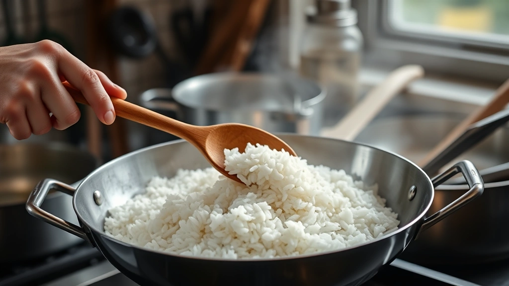 jasmine rice recipes -
Photorealistic hands using wooden spoon to stir jasmine rice in a wok over high