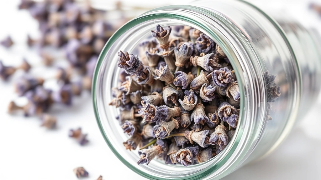 lavender how to -
Photorealistic close-up: dried lavender flowers stripped from stems in a glass 