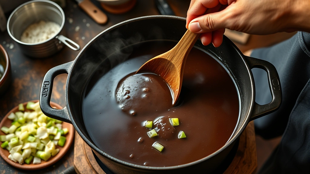 étouffée recipes -
Photorealistic hands stirring dark chocolate-colored roux in heavy cast iron po