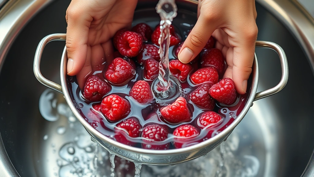 how to clean raspberries -
Photorealistic hands gently rinsing raspberries in a stainless steel colander u