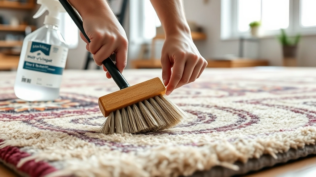 how to clean rug -
Photorealistic hands working with a stiff brush scrubbing a rug section in circ