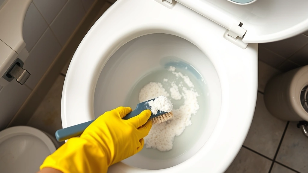 how to clean stains in the toilet bowl -
Photorealistic hands wearing yellow gloves scrubbing inside toilet bowl with br