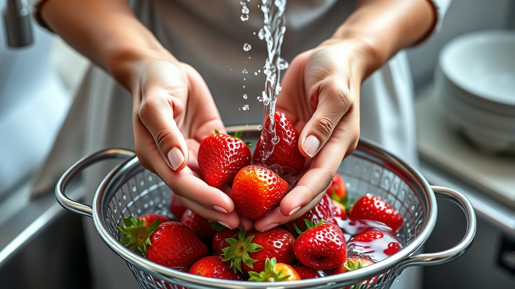 how to clean strawberries -
Photorealistic hands gently rinsing strawberries under cool running water in a