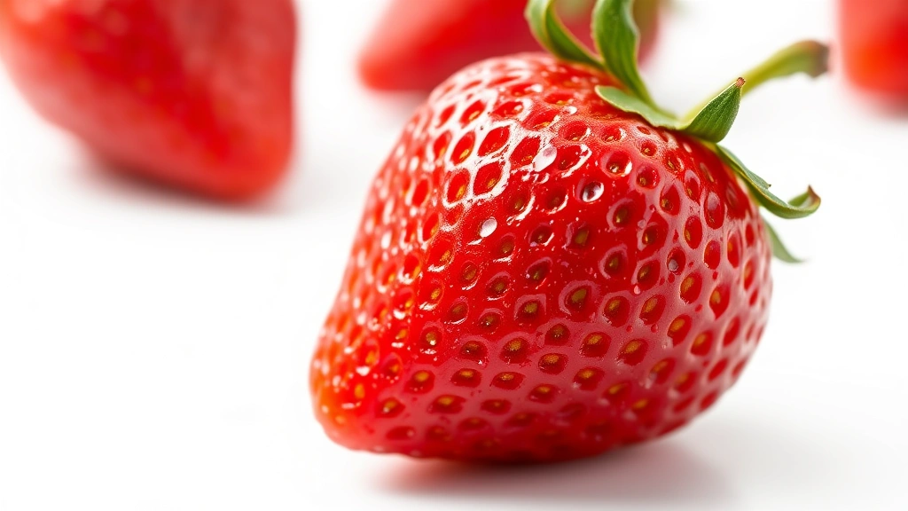 how to clean strawberries -
Photorealistic close-up macro shot of a single strawberry showing cleaned surfa