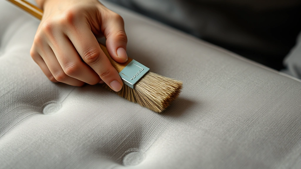 how to clean suede couch -
Photorealistic close-up of hands using a soft-bristled suede brush on couch fab