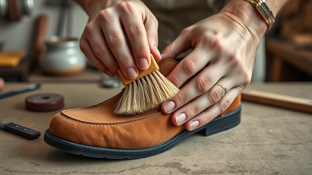 how to clean suede shoes -
Photorealistic hands using soft-bristled suede brush on shoe surface in worksho