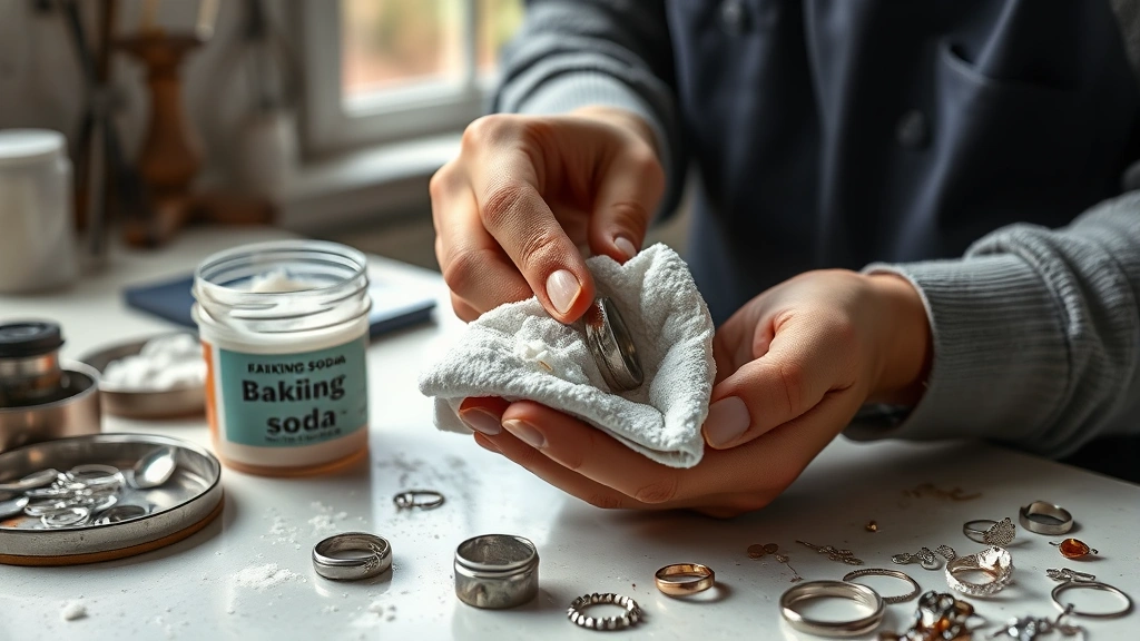 how to clean tarnished jewelry -
Photorealistic hands working in a workshop setting, showing someone applying ba