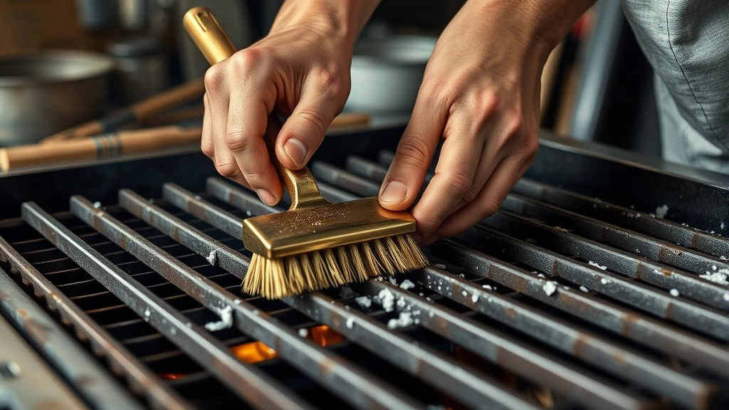 how to clean the barbecue grill grate -
photorealistic hands working on grill grate with brass brush scrubbing hot grat
