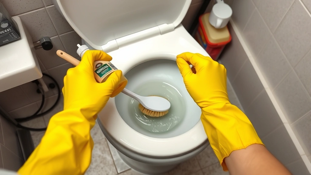 how to clean toilet bowl stains -
photorealistic hands wearing yellow rubber gloves scrubbing toilet bowl with br