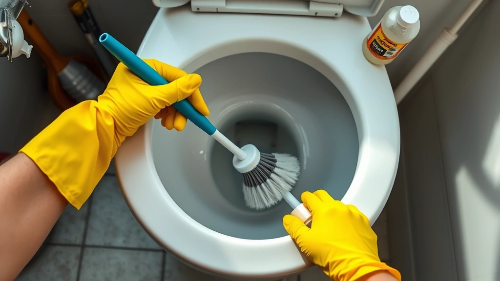 how to clean toilet tank -
Photorealistic hands wearing yellow rubber gloves scrubbing inside an empty toi