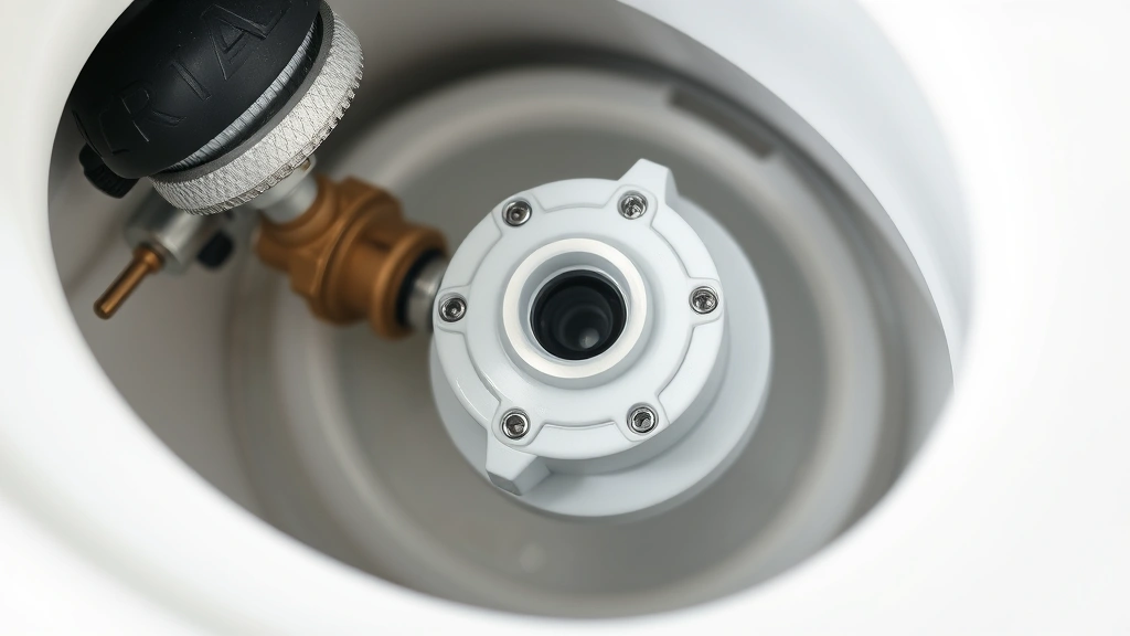 how to clean toilet tank -
Photorealistic close-up macro photography of toilet tank internal components in