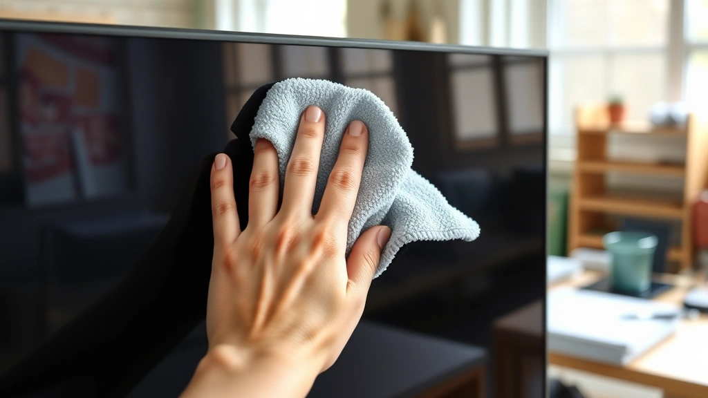 how to clean tv -
Photorealistic hands working with a microfiber cloth gently wiping a TV screen 