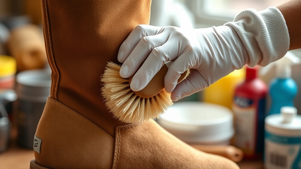 how to clean uggs -
Photorealistic hands wearing white cotton gloves gently brushing suede UGG boot