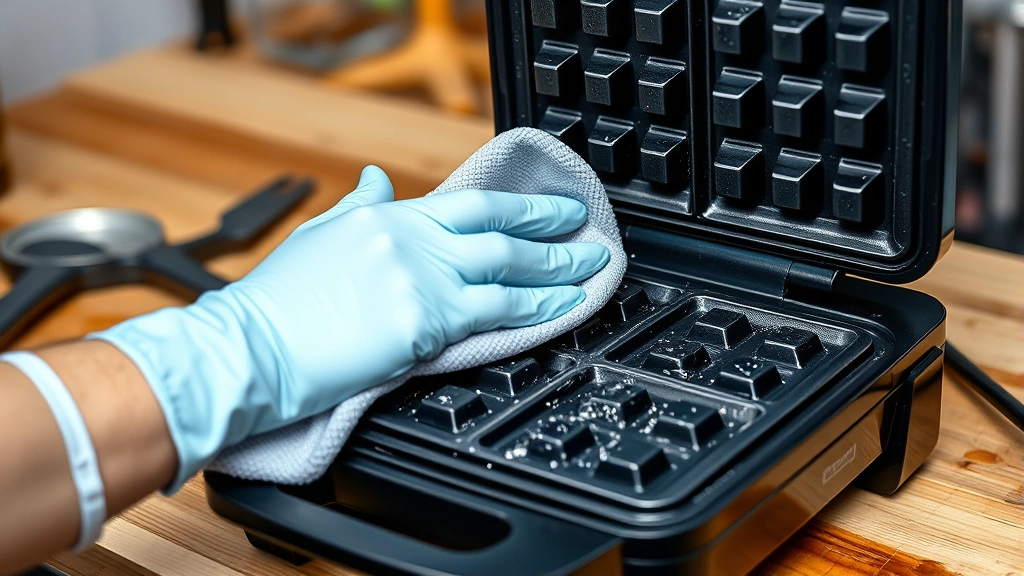 how to clean waffle maker -
Photorealistic hands wearing light blue gloves gently wiping the waffle maker g