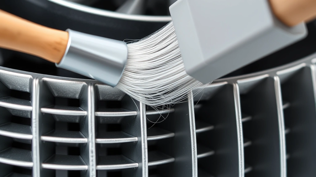 how to clean window ac unit -
Photorealistic close-up macro photography of aluminum AC fins being gently brus