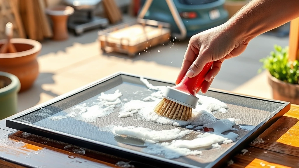 how to clean window screens -
Photorealistic hands using a soft-bristled brush to scrub a window screen in wa