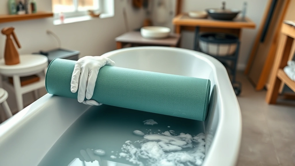 how to clean yoga mat -
photorealistic hands wearing white gloves gently scrubbing a yoga mat with soft