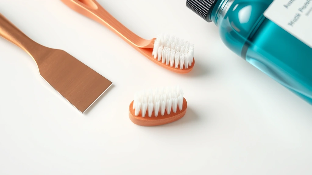 how to clean your tongue -
Photorealistic flat lay of tongue cleaning tools including copper scraper, soft