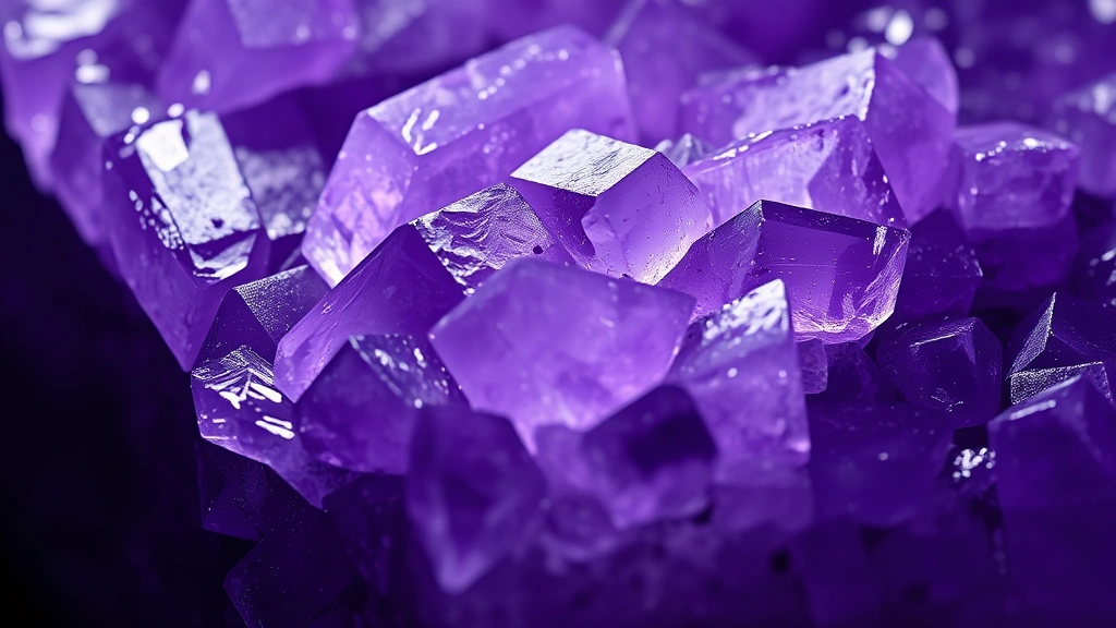 how to cleanse crystals -
Photorealistic macro close-up of amethyst crystal surface with moonlight reflec