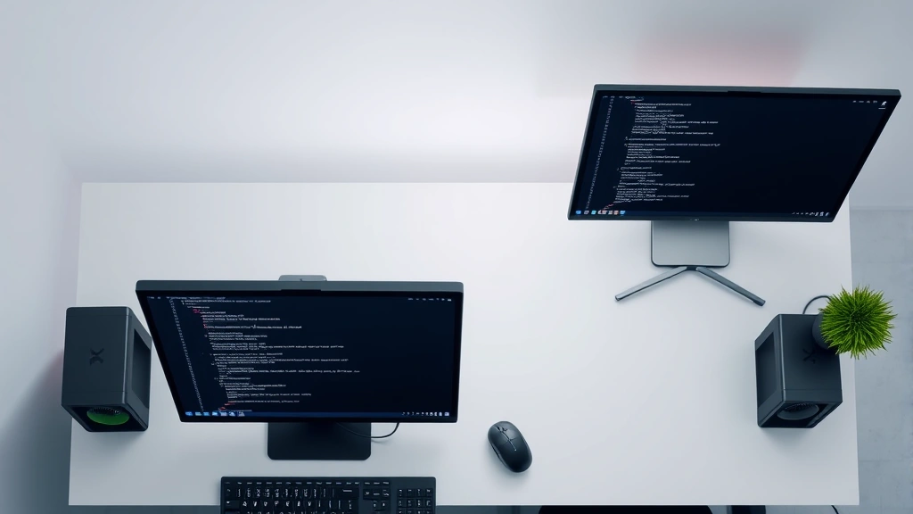 how to close vim -
Photorealistic overhead shot of a modern developer workspace with dual monitors