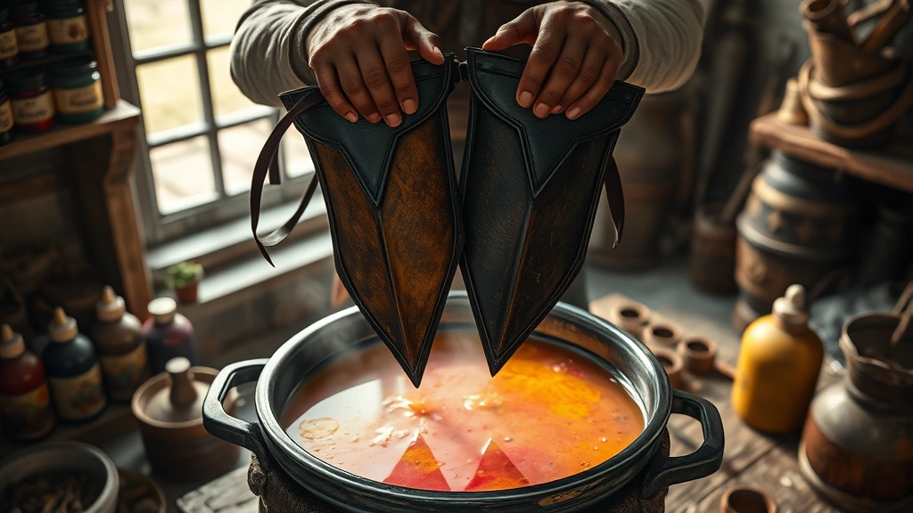 how to color armor rlcraft -
Photorealistic hands holding dyed leather armor pieces over cauldron filled wit