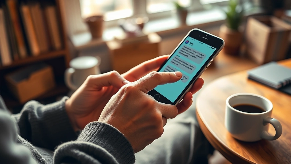 how to comfort someone over text -
Photorealistic hands typing a thoughtful text message on phone, person sitting