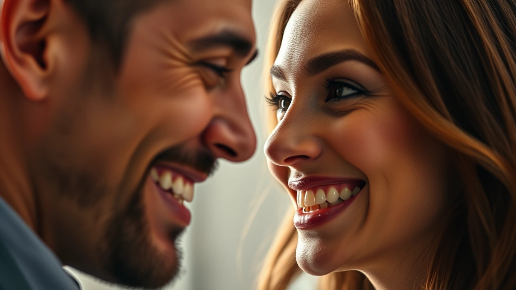 how to compliment a guy -
photorealistic close-up of genuine smile and eye contact during conversation, m