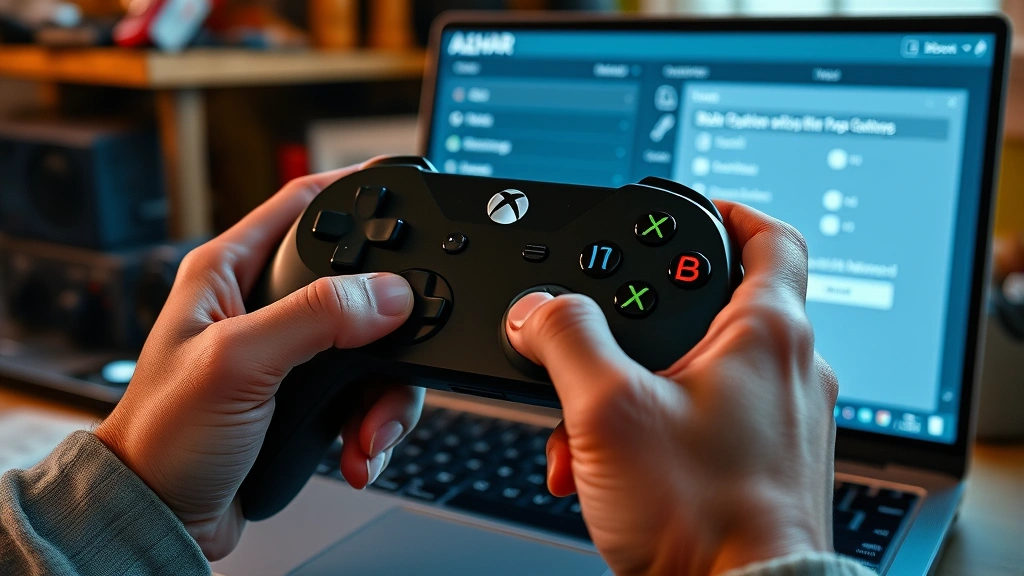 how to connect controller to azahar emulator -
Photorealistic hands holding Xbox controller while configuring button mapping i